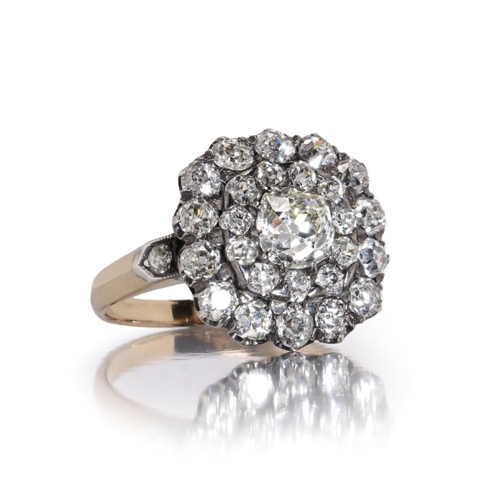 Antique 18kt Gold & Silver Cluster Ring with Old-Cut Diamonds