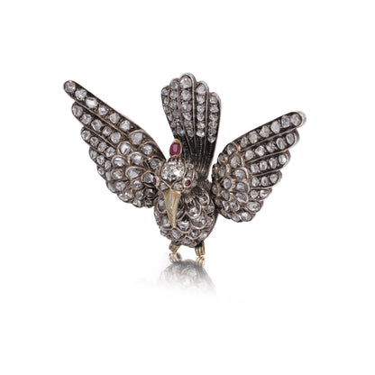 An antique bird in flight brooch set with diamonds and rubies, in silver and gold, on a white background