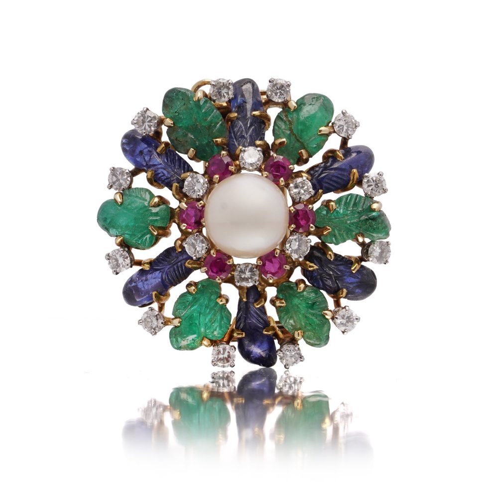 Tutti Frutti Brooch With Diamonds, Rubies, Emeralds, Sapphires And One Pearl In gold