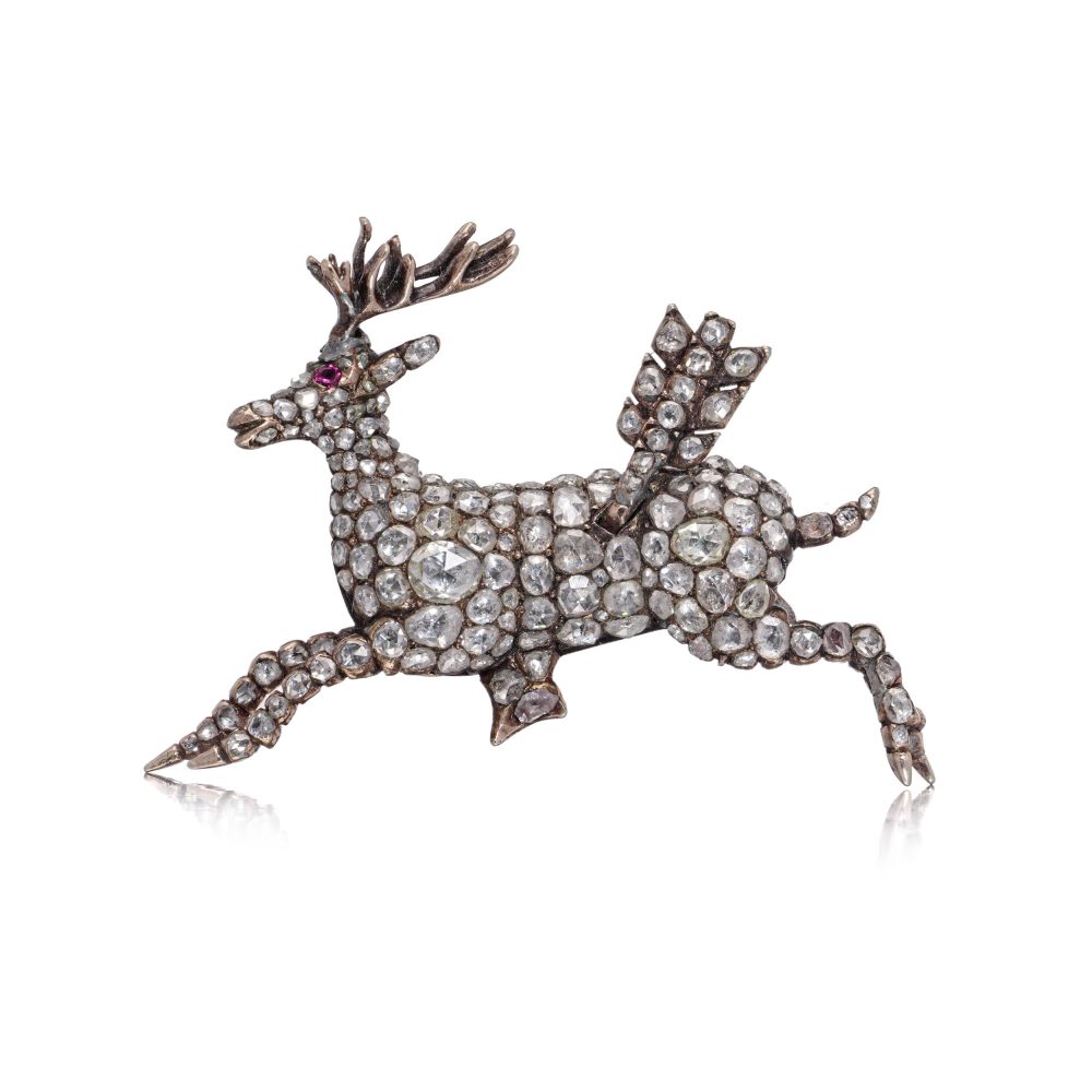 Victorian 9 Carat Rose Gold And Silver Diamond Reindeer Brooch