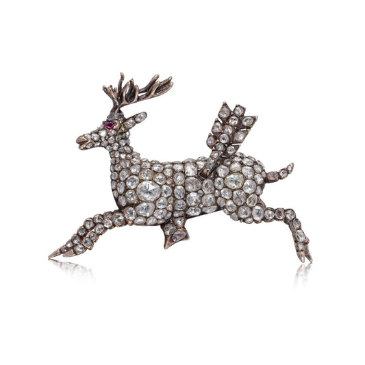 Victorian 9 Carat Rose Gold And Silver Diamond Reindeer Brooch