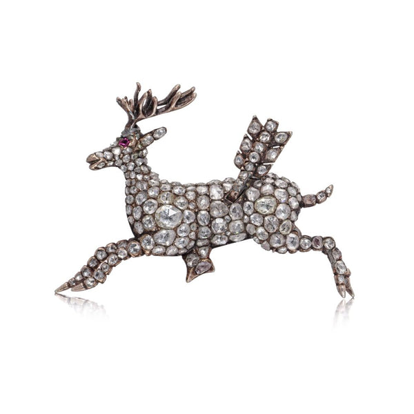 Victorian 9 Carat Rose Gold And Silver Diamond Reindeer Brooch