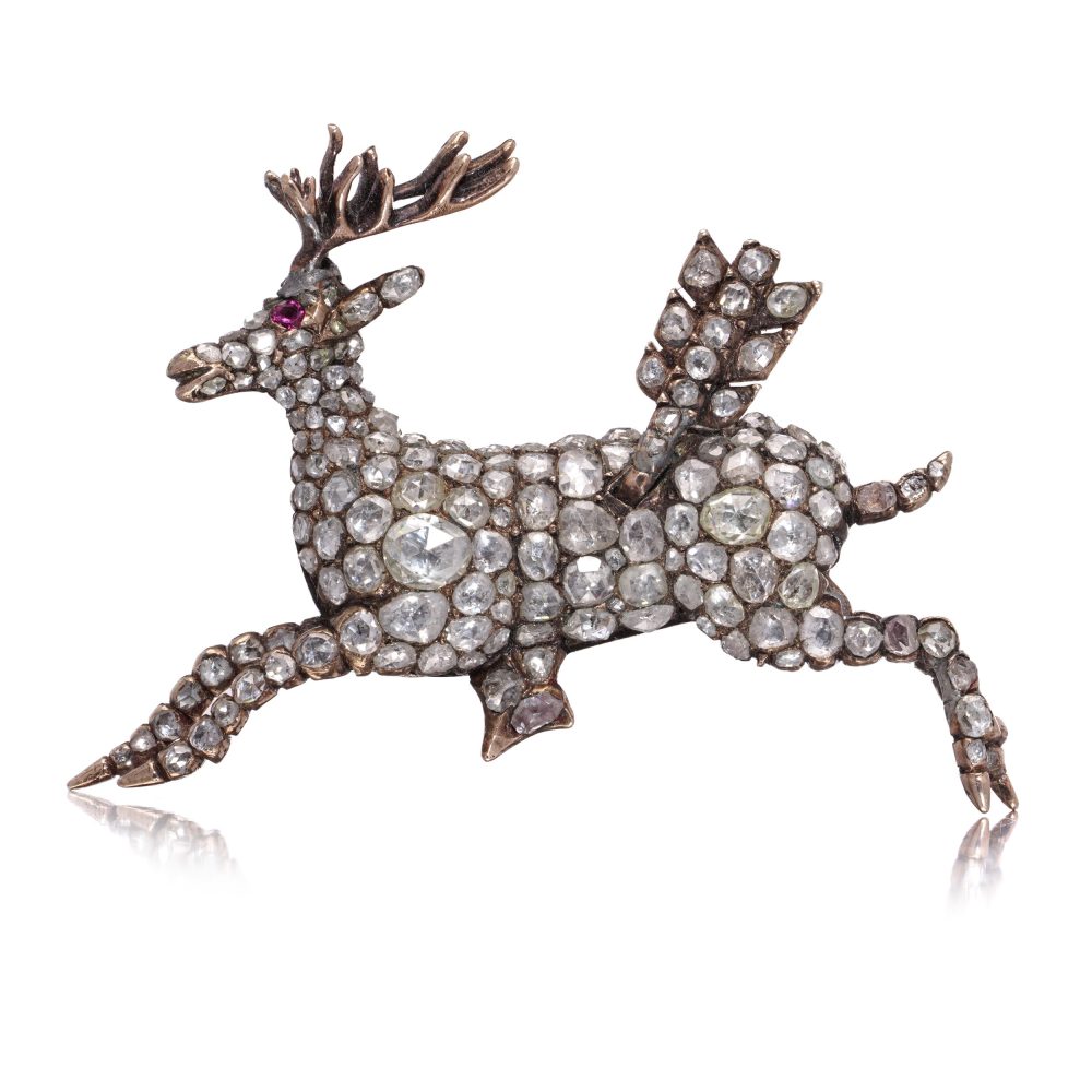 Victorian 9 Carat Rose Gold And Silver Diamond Reindeer Brooch