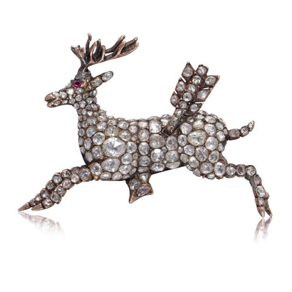 Victorian 9 Carat Rose Gold And Silver Diamond Reindeer Brooch
