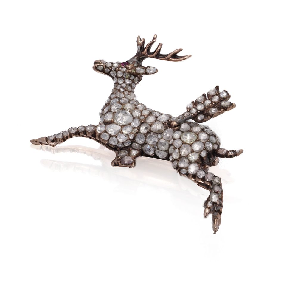Victorian 9 Carat Rose Gold And Silver Diamond Reindeer Brooch