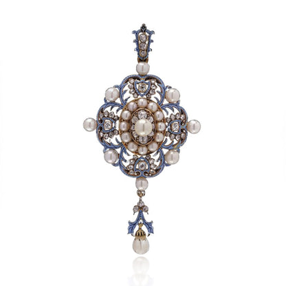 Renaissance Revival 18 Carat Gold Pendant With Enamel, Pearls And Old Cut Diamonds
