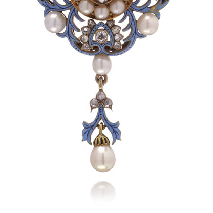 Renaissance Revival 18 Carat Gold Pendant With Enamel, Pearls And Old Cut Diamonds
