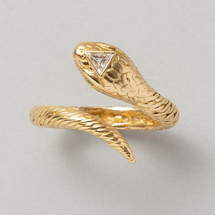 Vintage French 18ct Yellow Gold Snake Ring with Diamond