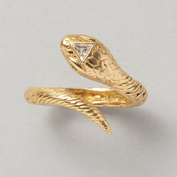 Vintage French 18ct Yellow Gold Snake Ring with Diamond