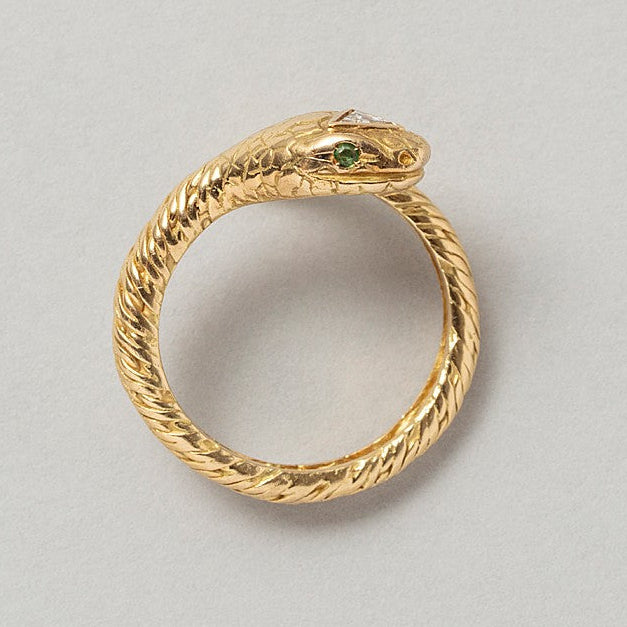 Vintage French 18ct Yellow Gold Snake Ring with Diamond