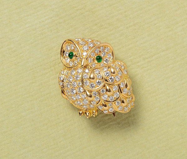 18ct Gold Owl Brooch with Diamonds