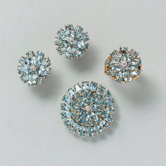 Vintage Tiffany Aquamarine and Diamond Flower Ring with Brooch come Pendant and Earrings Suite