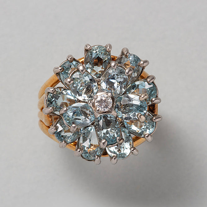 Vintage Tiffany Aquamarine and Diamond Flower Ring with Brooch come Pendant and Earrings Suite