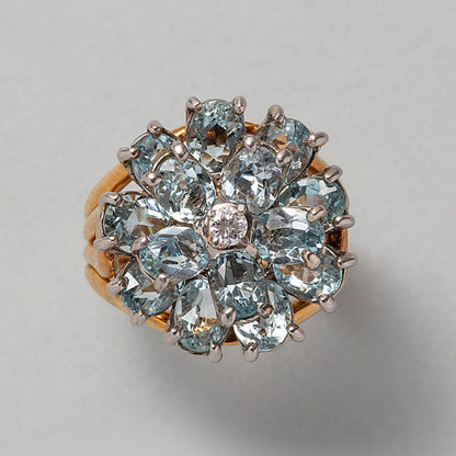 Vintage Tiffany Aquamarine and Diamond Flower Ring with Brooch come Pendant and Earrings Suite