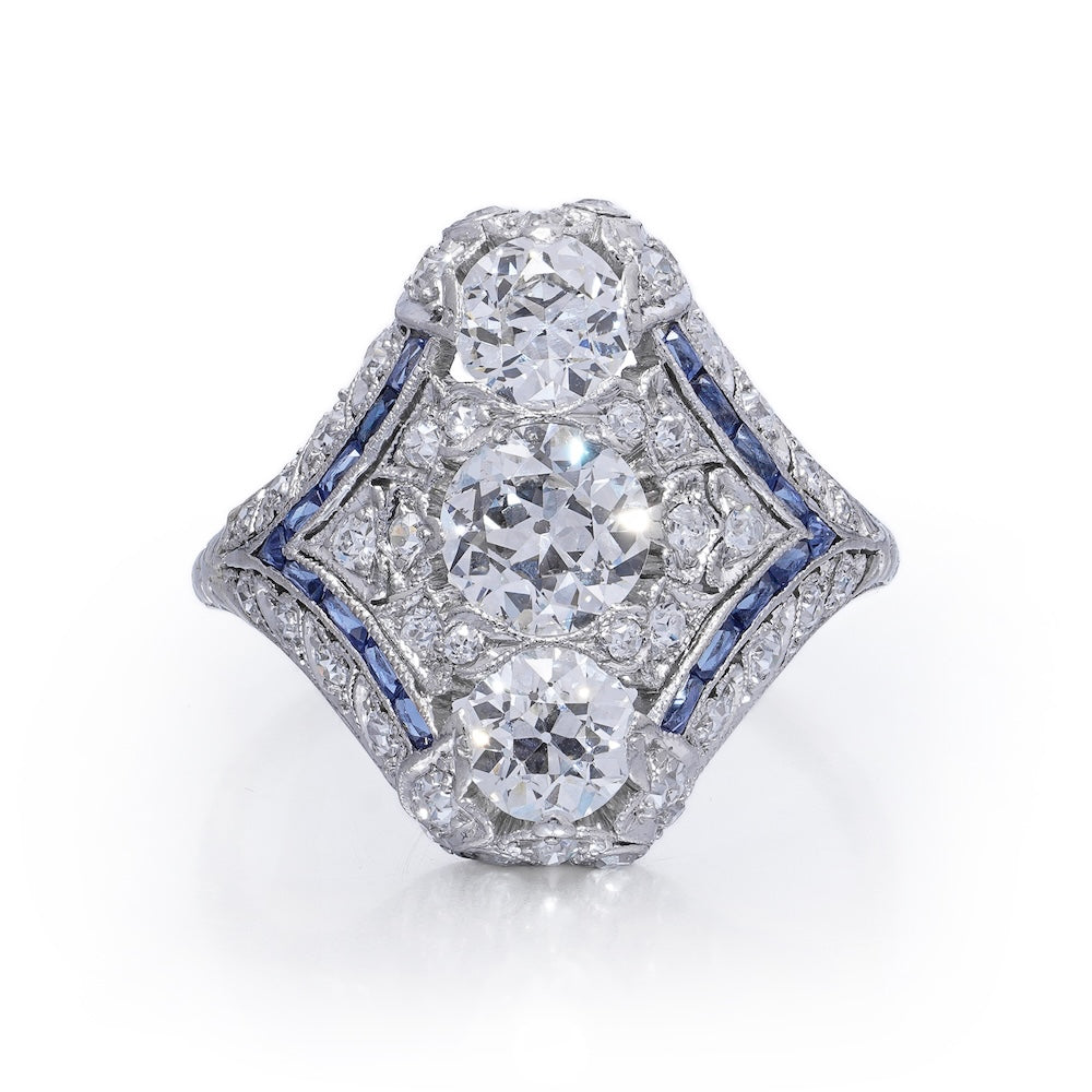 Art Deco Edwardian Diamond And Sapphire Dinner Ring, North to South