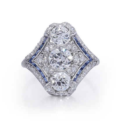 Art Deco Edwardian Diamond And Sapphire Dinner Ring, North to South