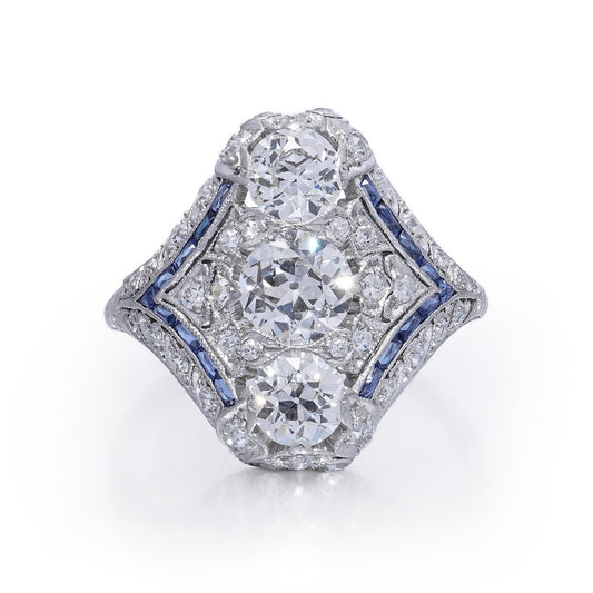 Art Deco Edwardian Diamond And Sapphire Dinner Ring, North to South