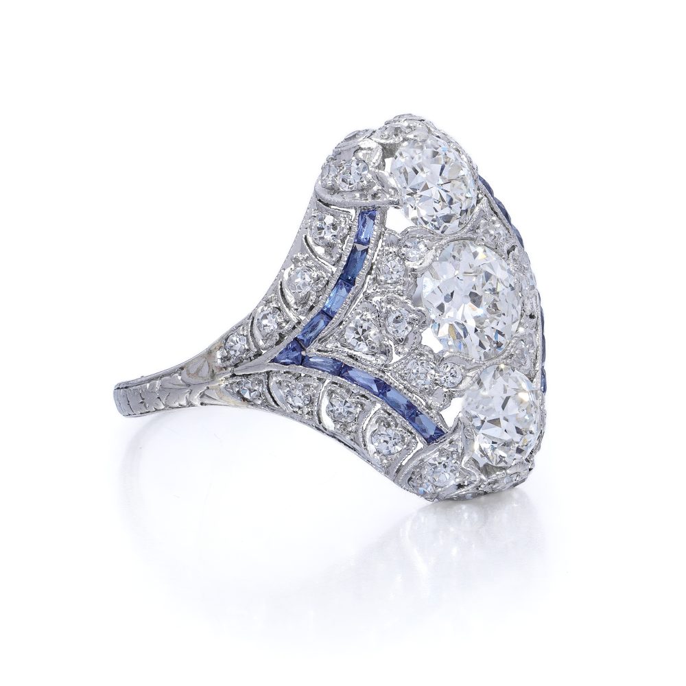 Art Deco Edwardian Diamond And Sapphire Dinner Ring, North to South