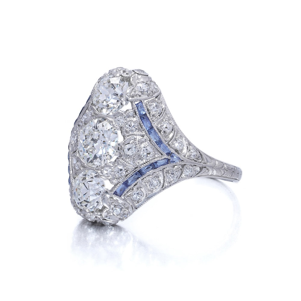 Art Deco Edwardian Diamond And Sapphire Dinner Ring, North to South
