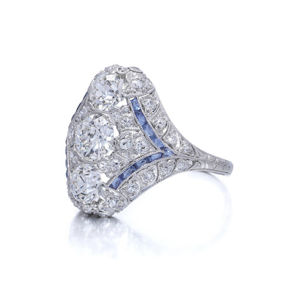 Art Deco Edwardian Diamond And Sapphire Dinner Ring, North to South
