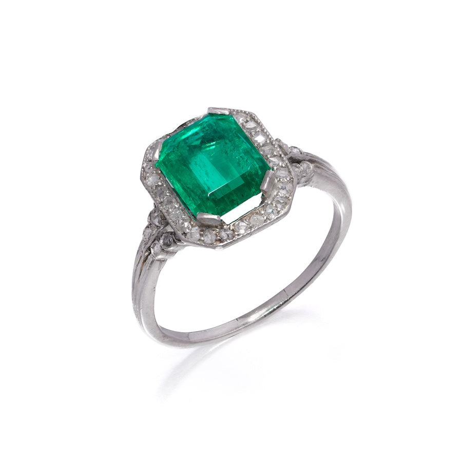 Art Deco Colombian Emerald and Diamond Cluster Engagement Ring