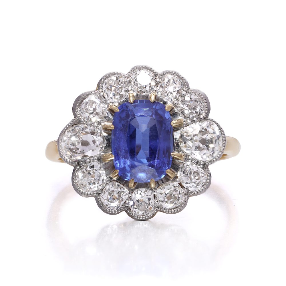 Art Deco 2ct Royal Blue Burma Sapphire and Diamond Cluster Ring, No Heat