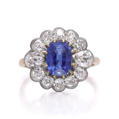 Art Deco 2ct Royal Blue Burma Sapphire and Diamond Cluster Ring, No Heat