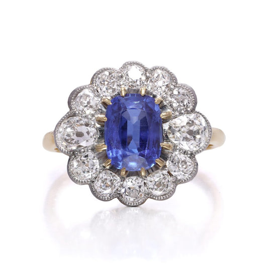 Art Deco 2ct Royal Blue Burma Sapphire and Diamond Cluster Ring, No Heat