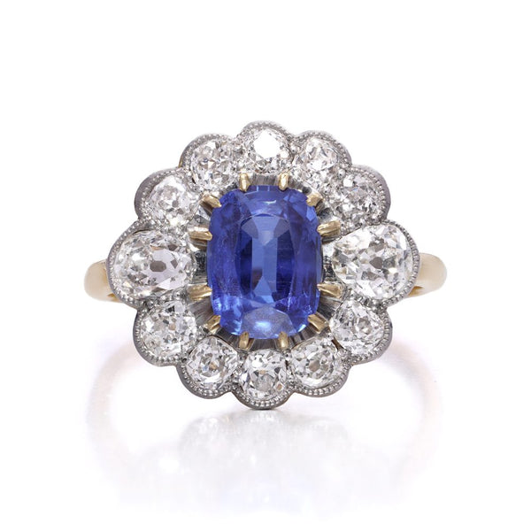 Art Deco 2ct Royal Blue Burma Sapphire and Diamond Cluster Ring, No Heat