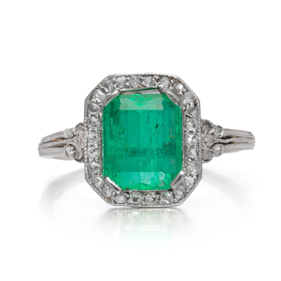 Art Deco Colombian Emerald and Diamond Cluster Engagement Ring