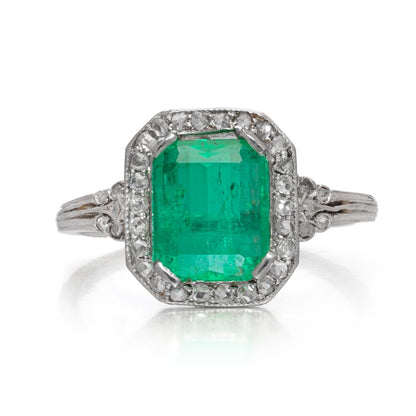 Art Deco Colombian Emerald and Diamond Cluster Engagement Ring