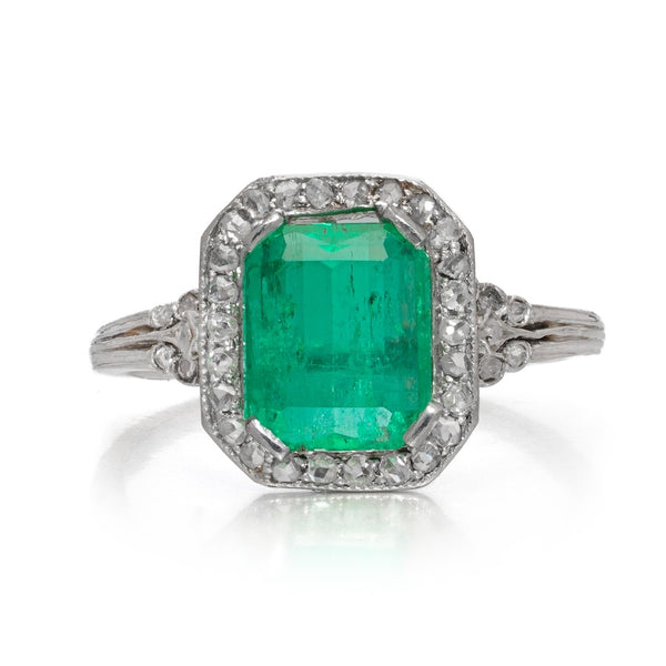 Art Deco Colombian Emerald and Diamond Cluster Engagement Ring