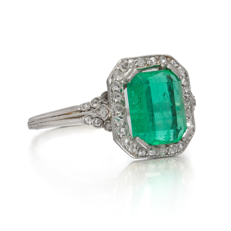 Art Deco Colombian Emerald and Diamond Cluster Engagement Ring