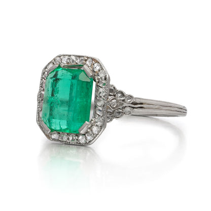 Art Deco Colombian Emerald and Diamond Cluster Engagement Ring