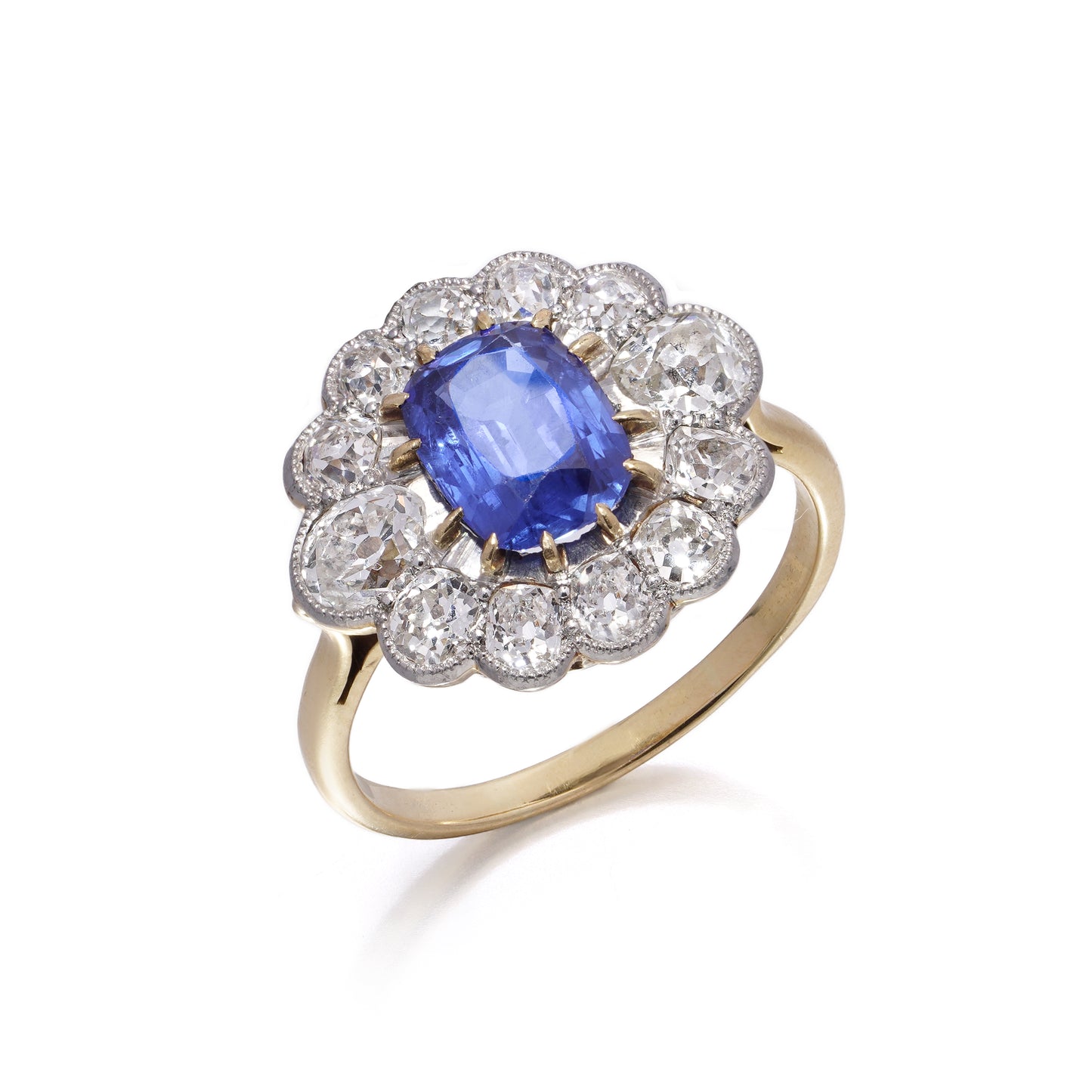 Fine Art Deco No heat 2 carat sapphire Burmese and diamond cluster ring 