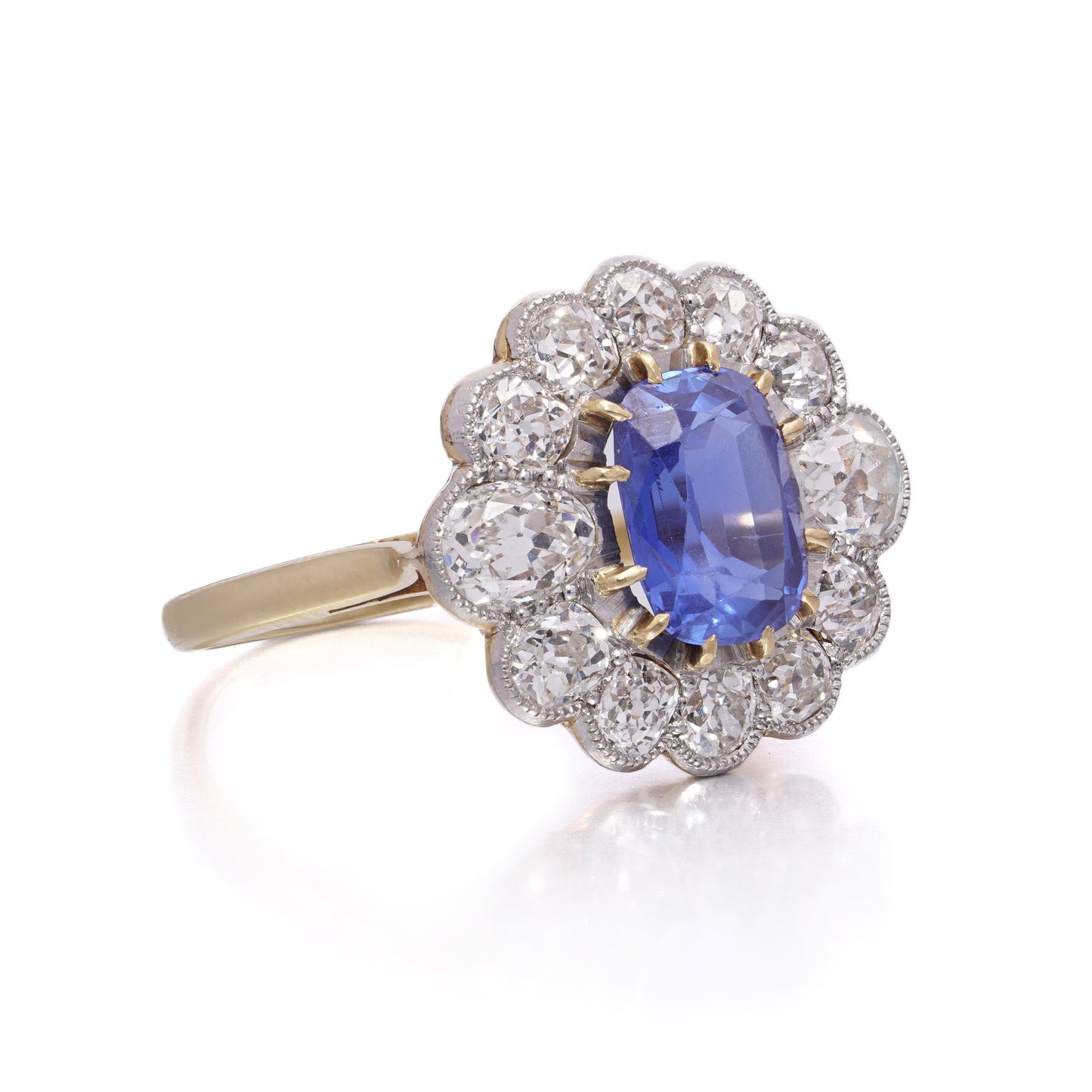Antique Art Deco 2ct Royal Blue Burma Sapphire and Diamond Cluster Ring, No Heat