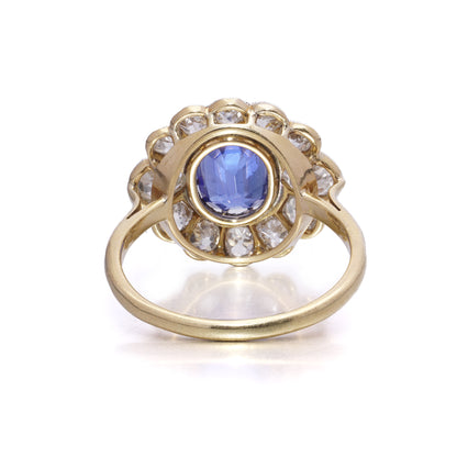 Antique Art Deco 2ct Royal Blue Burma Sapphire and Diamond Cluster Ring, No Heat