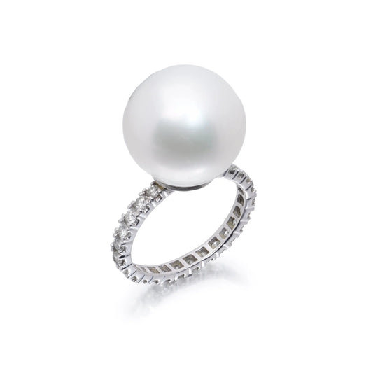 Platinum Cultured Saltwater Pearl and Diamond Ring