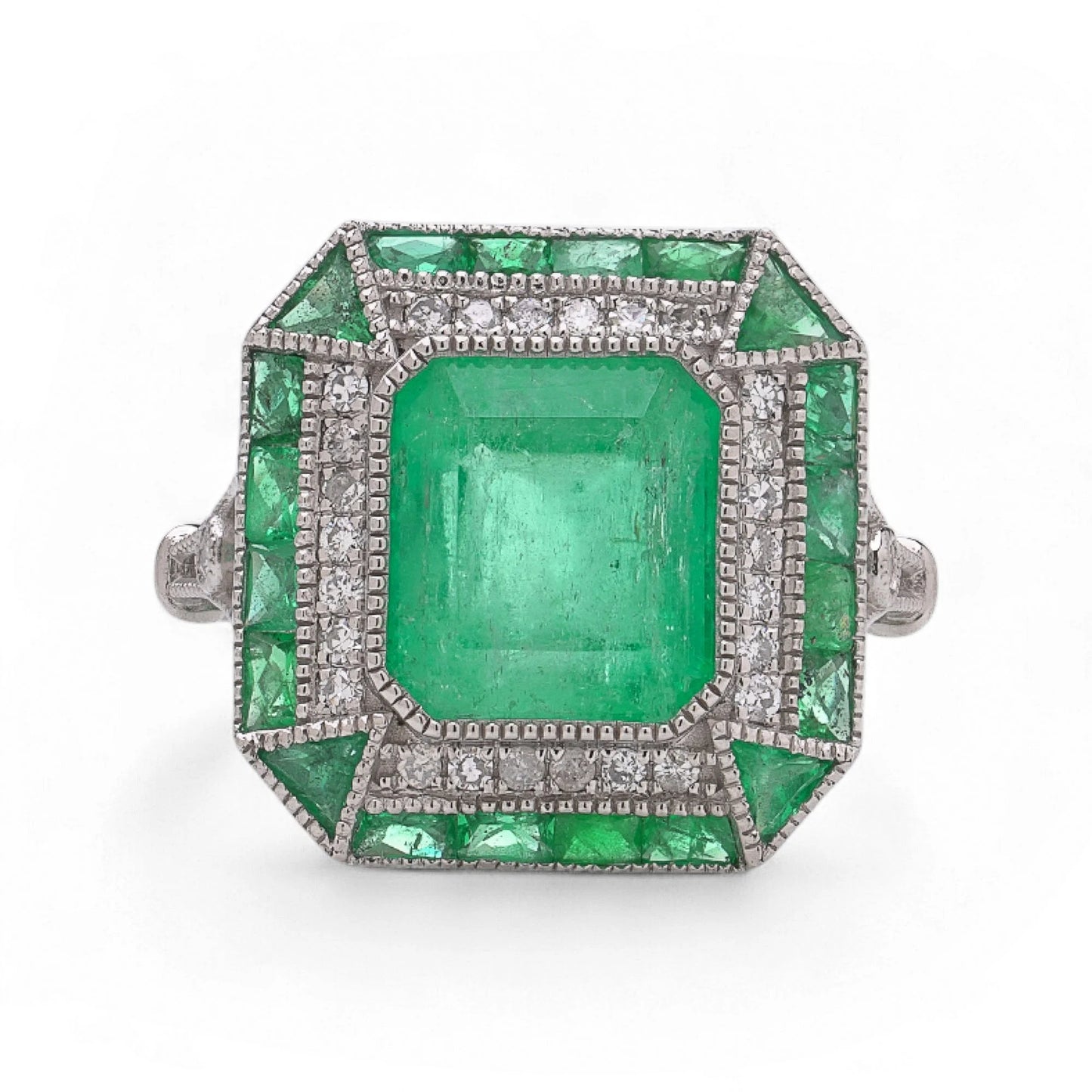 Art Deco Style 3.76ct Emerald and Diamond Cluster Ring in Platinum