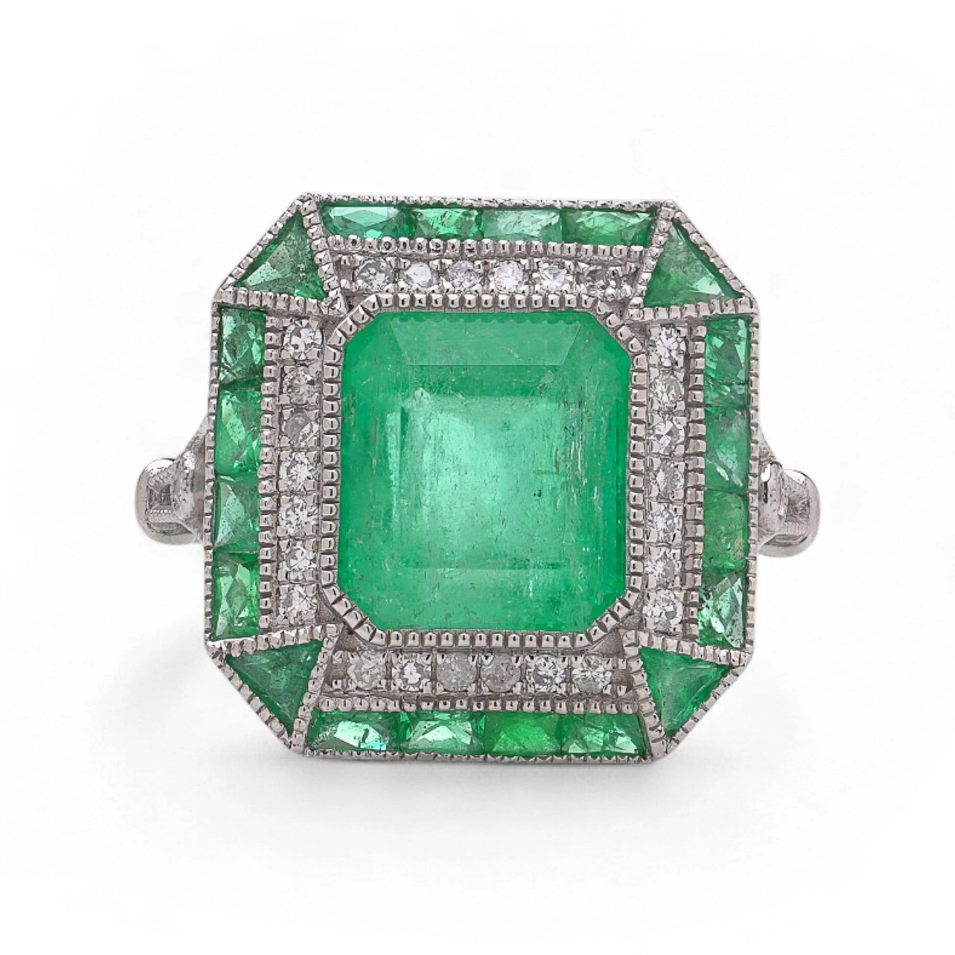 Art Deco Style 3.76ct Emerald and Diamond Cluster Ring in Platinum