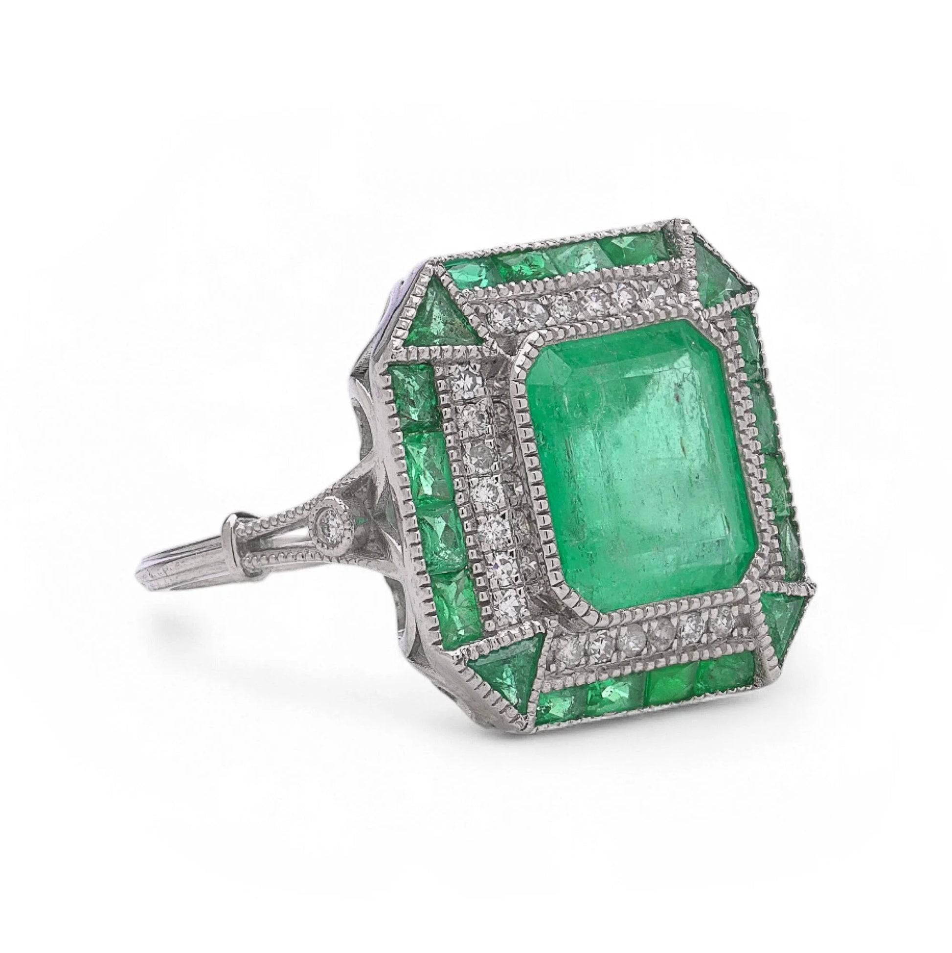 Art Deco Style 3.76ct Emerald and Diamond Cluster Ring in Platinum