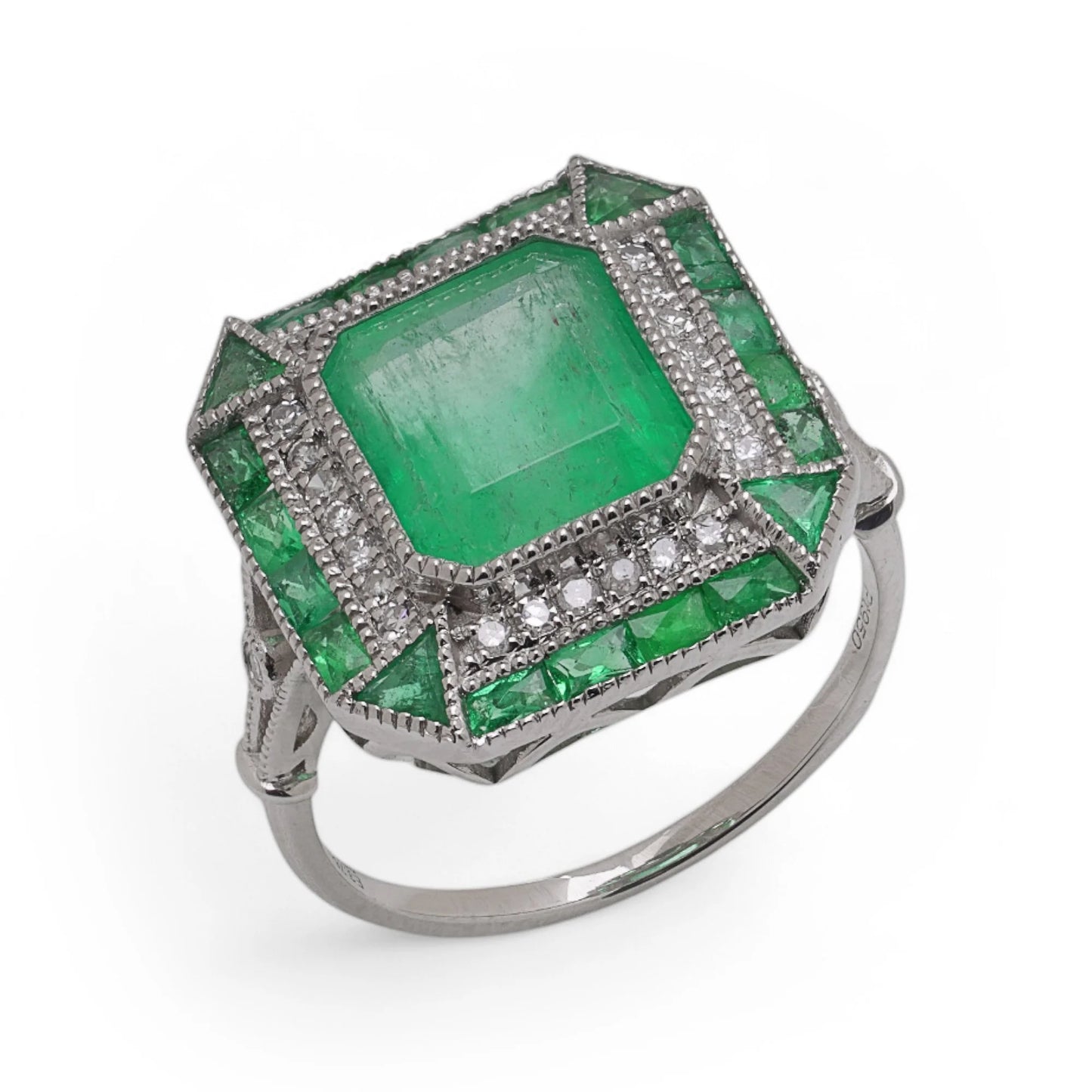 Art Deco Style 3.76ct Emerald and Diamond Cluster Ring in Platinum