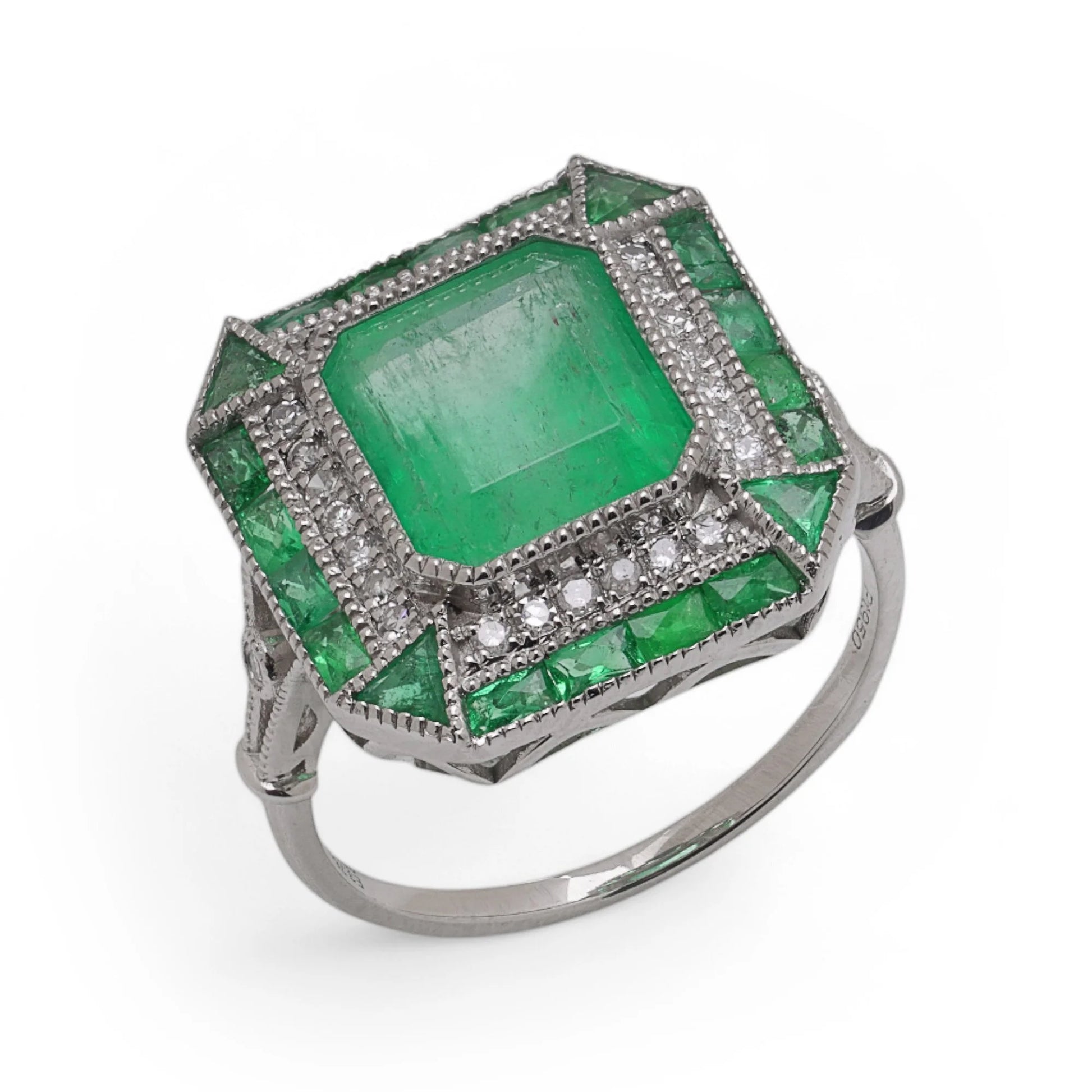 Art Deco Style 3.76ct Emerald and Diamond Cluster Ring in Platinum