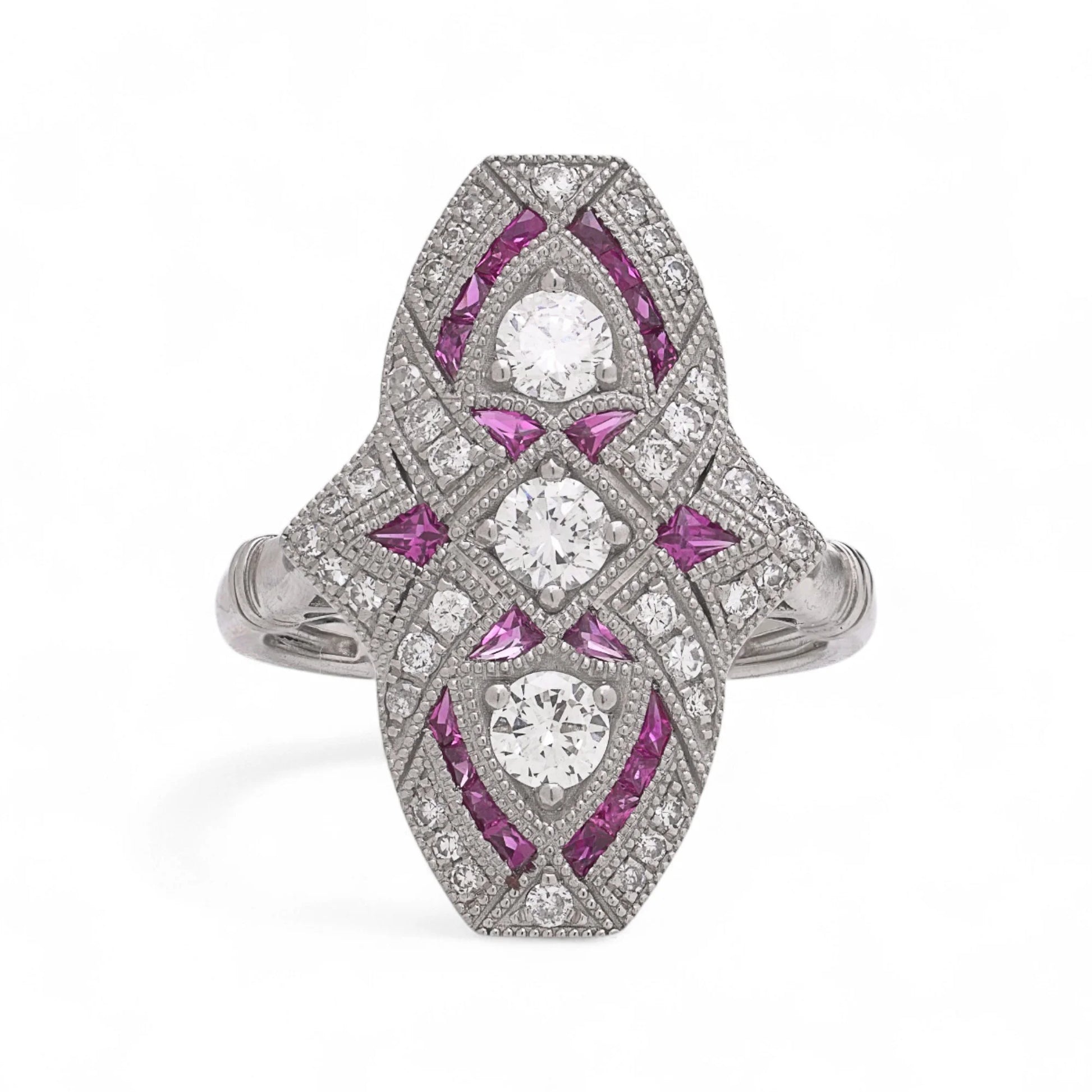 Art Deco Inspired Ruby and Diamond Plaque Ring in Platinum