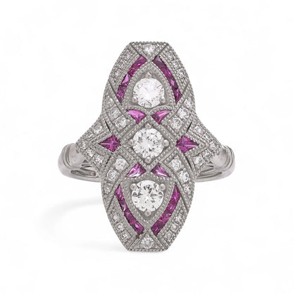 Art Deco Inspired Ruby and Diamond Plaque Ring in Platinum