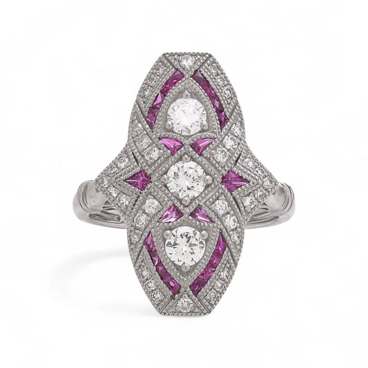 Art Deco Inspired Ruby and Diamond Plaque Ring in Platinum
