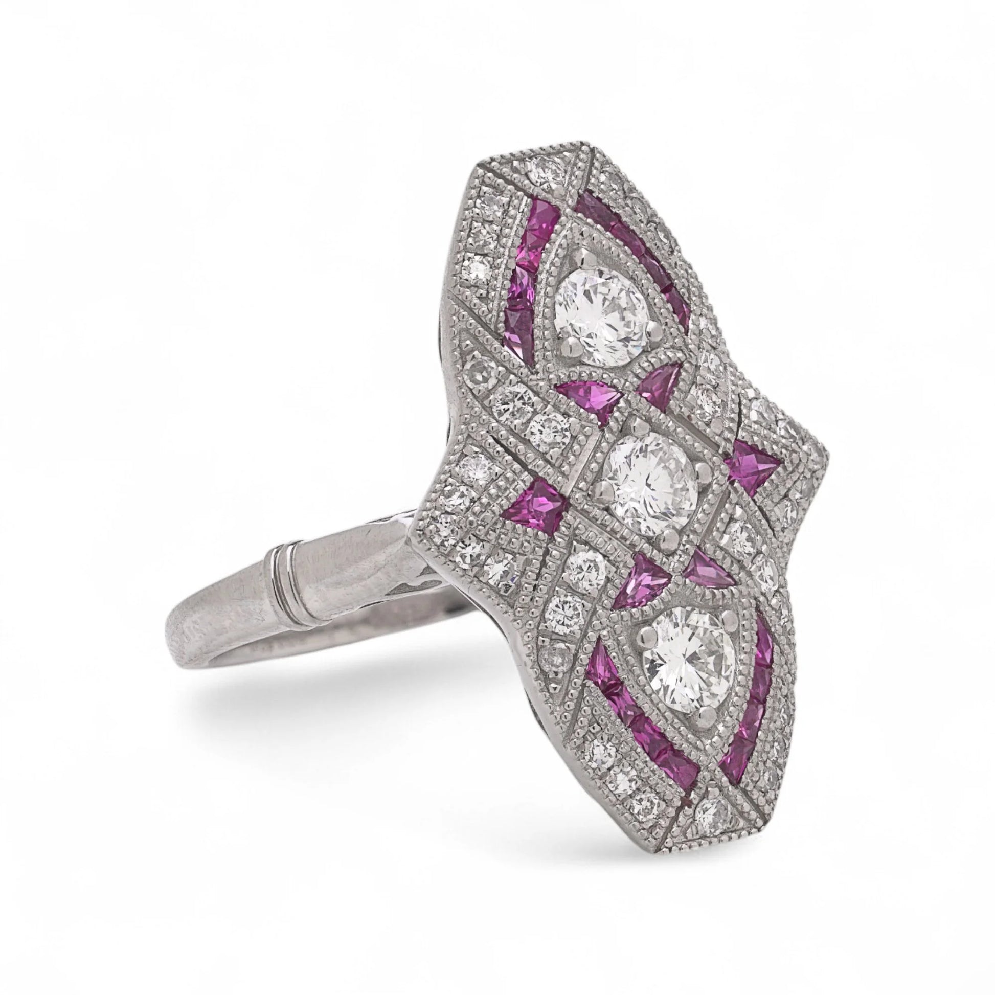 Art Deco Inspired Ruby and Diamond Plaque Ring in Platinum