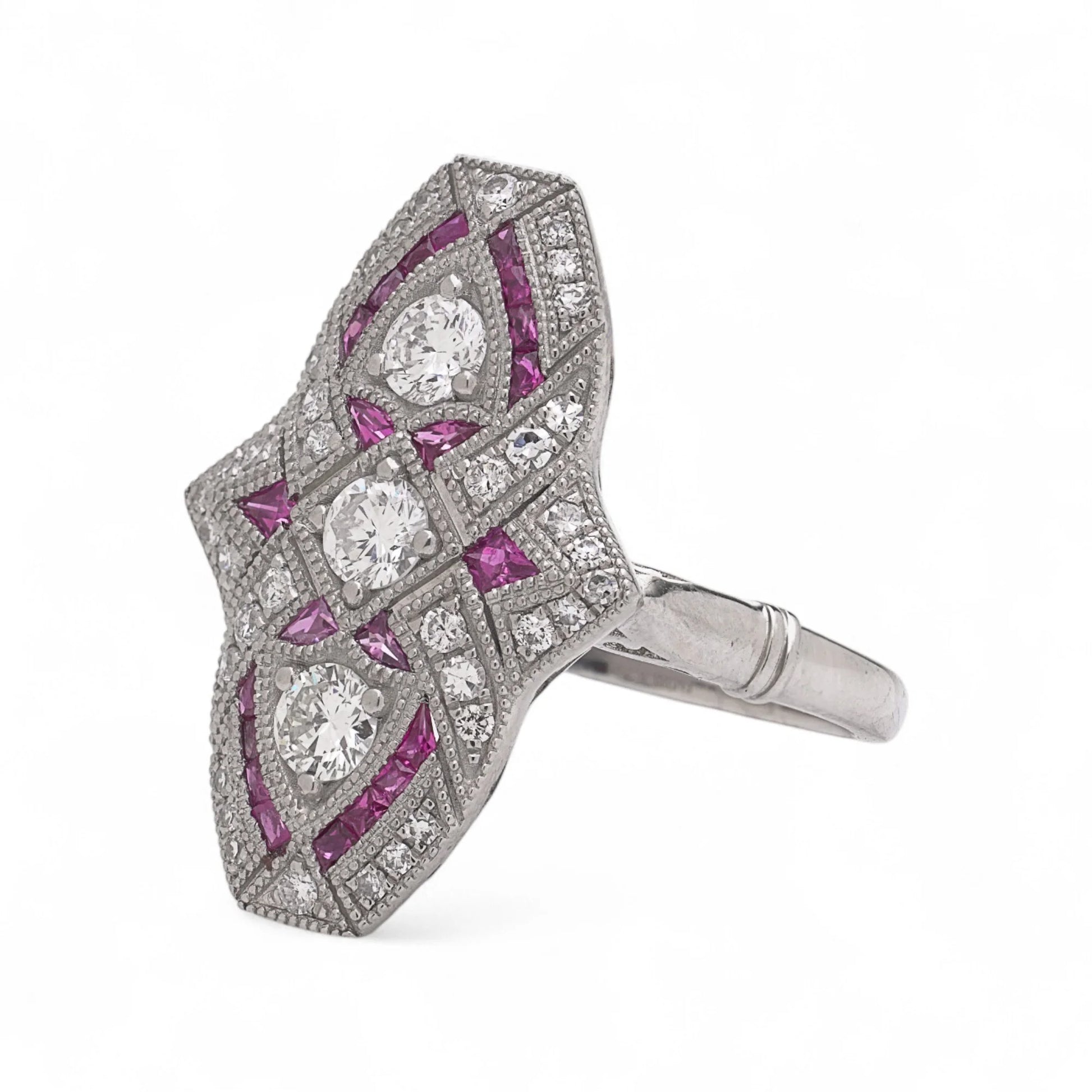 Art Deco Inspired Ruby and Diamond Plaque Ring in Platinum