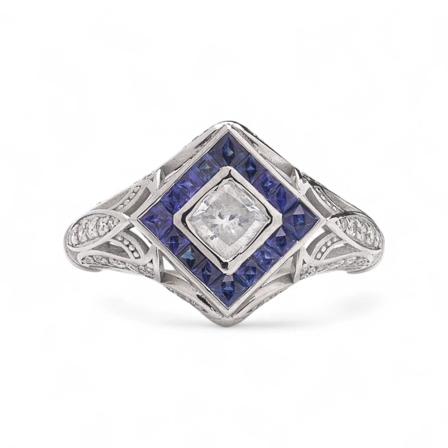 Art Deco style Platinum Diamond and Sapphire Ring
