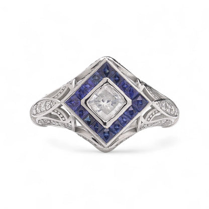 Art Deco style Platinum Diamond and Sapphire Ring